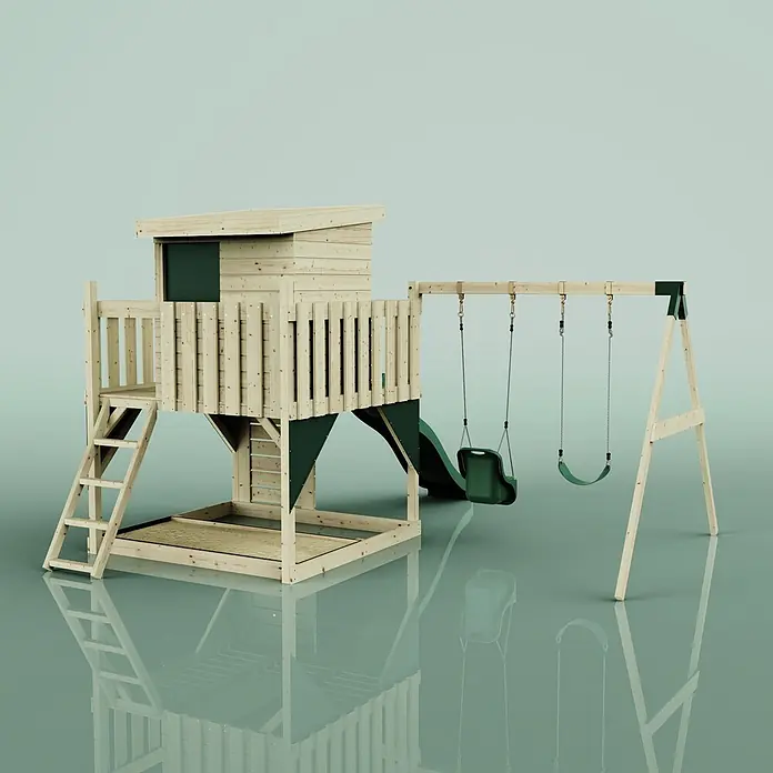 OutdoorToys Kinderspielturm Björn - L x B x H: 396 x 415 x 261 cm, Grün - Hölzerne Spielanlage mit Turm, dunkelgrüner Rutsche, zwei Schaukeln (Babyschaukel, Brettschaukel) und integriertem Sandkasten.