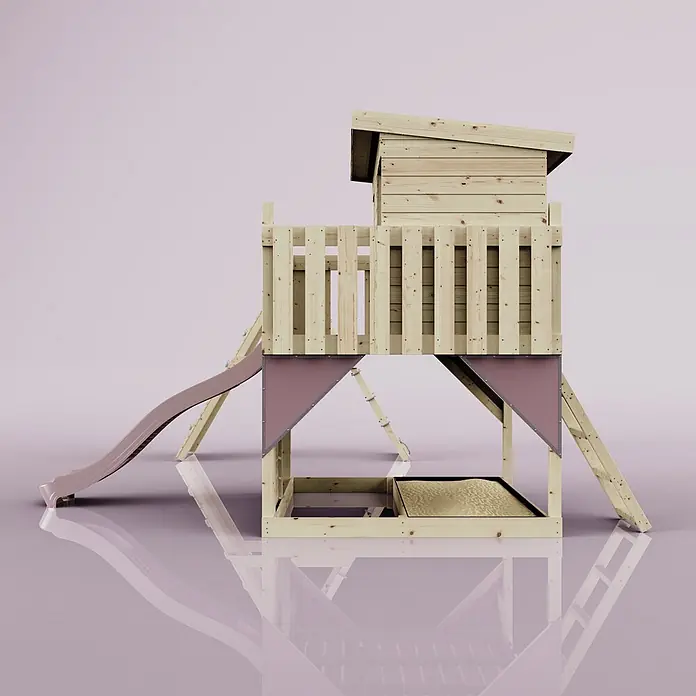 OutdoorToys Kinderspielturm Aksel - L x B x H: 469 x 415 x 261 cm, Rosa - Hölzernes Kinderspielhaus mit rosabrauner Rutsche, Sandkasten und Kletterwand.