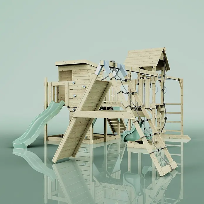 OutdoorToys Kinderspielturm Lars Babyschaukel; - Holz, Grün - Großes Holzspielgerät mit grüner Rutsche, Kletterwand, Seilnetz und Schaukel.