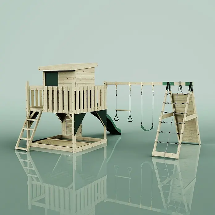 OutdoorToys Kinderspielturm Frida Trapezstange; - Holz, Grün - Holzspielplatz mit grünem Spielhaus, Rutsche, Schaukeln und Kletternetz.