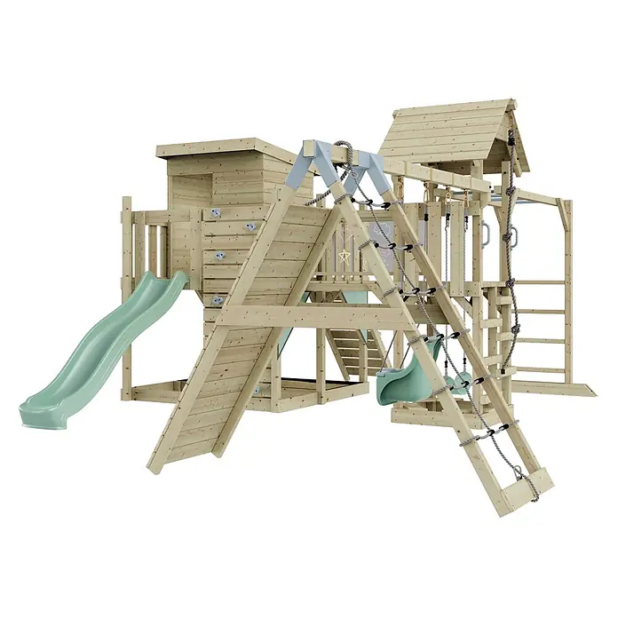 OutdoorToys Kinderspielturm Lars Babyschaukel; - Holz, Grün - Hölzernes Kinderspielhaus mit grüner Rutsche, Kletterwand, Schaukeln und Netz.