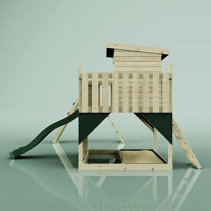 OutdoorToys Kinderspielturm Frida Trapezstange; - Holz, Grün - Holzspielturm mit grüner Rutsche und integriertem Sandkasten unter dem Turm.