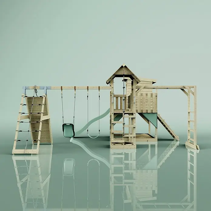 OutdoorToys Kinderspielturm Lars Babyschaukel; - Holz, Grün - Hölzerner Kinderspielplatz mit Rutsche, zwei Schaukeln, Kletternetz, Kletterseil und Spielturm.