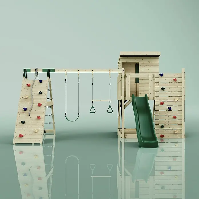 OutdoorToys Kinderspielturm Frida Trapezstange; - Holz, Grün - Kinderspielturm aus Holz mit Kletterwänden, Schaukeln, Turnringen, Spielhaus und grüner Rutsche.