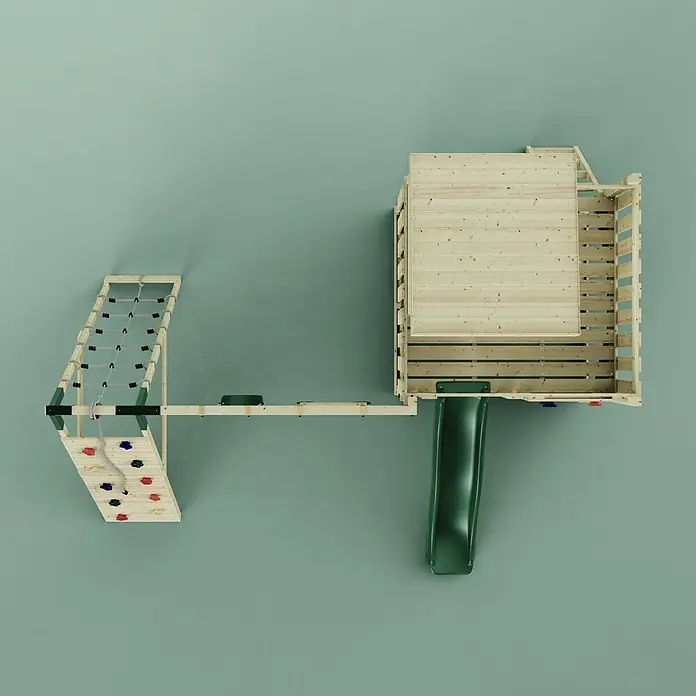 OutdoorToys Kinderspielturm Frida Trapezstange; - Holz, Grün - Hölzernes Spielplatz-Set mit Turm, grüner Rutsche, Kletternetz und Kletterwand mit bunten Griffen.