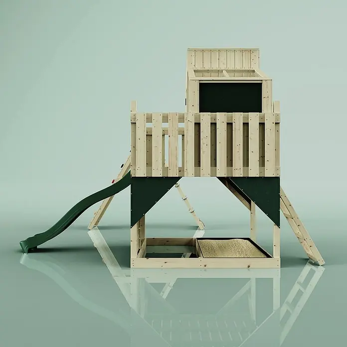 OutdoorToys Kinderspielturm Finn Trapezschaukel; - Holz, Grün - Hölzernes Spielset mit grüner Rutsche, Kletterwand und integriertem Sandkasten.