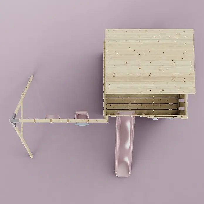 OutdoorToys Kinderspielturm Nils - L x B x H: 396 x 415 x 260 cm, Rosa - Blick von oben auf einen hellen Holzspielplatz mit rosafarbener Rutsche und Schaukelsitzen auf lila Hintergrund.