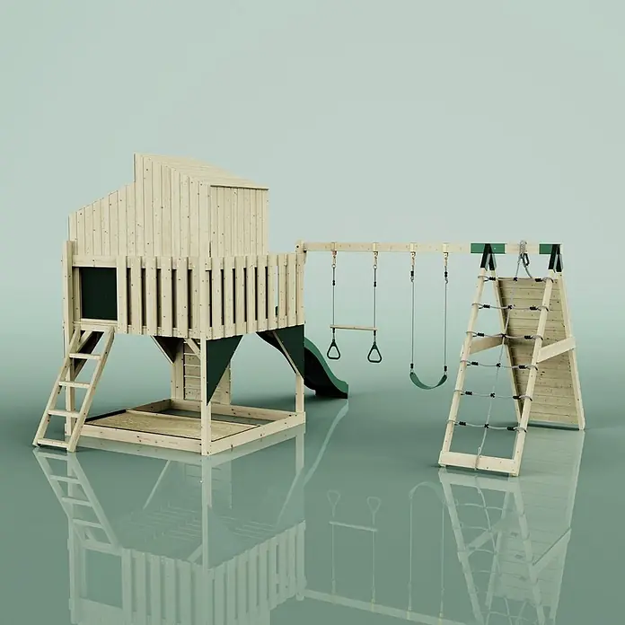 OutdoorToys Kinderspielturm Finn Trapezschaukel; - Holz, Grün - Hölzernes Outdoor-Spielset mit Spielhaus, Rutsche, Schaukeln (Ringe, Stange) und Kletternetz, aus hellem Holz mit dunkelgrünen Akzenten.