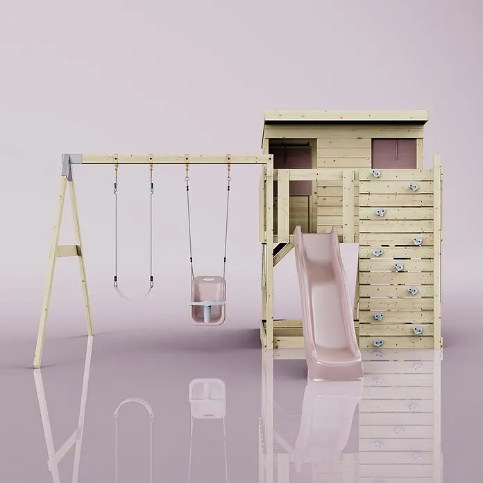 OutdoorToys Kinderspielturm Nils - L x B x H: 396 x 415 x 260 cm, Rosa - Hölzernes Spielset mit rosa Rutsche, Babyschaukel und Brettschaukel, mit Spielhaus und Kletterwand.
