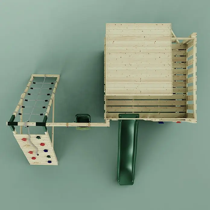 OutdoorToys Kinderspielturm Freja - L x B x H: 396 x 414 x 260 cm, Grün - Hölzernes Spielset mit Kletternetz, Kletterwand, grüner Rutsche und grüner Schaukel.