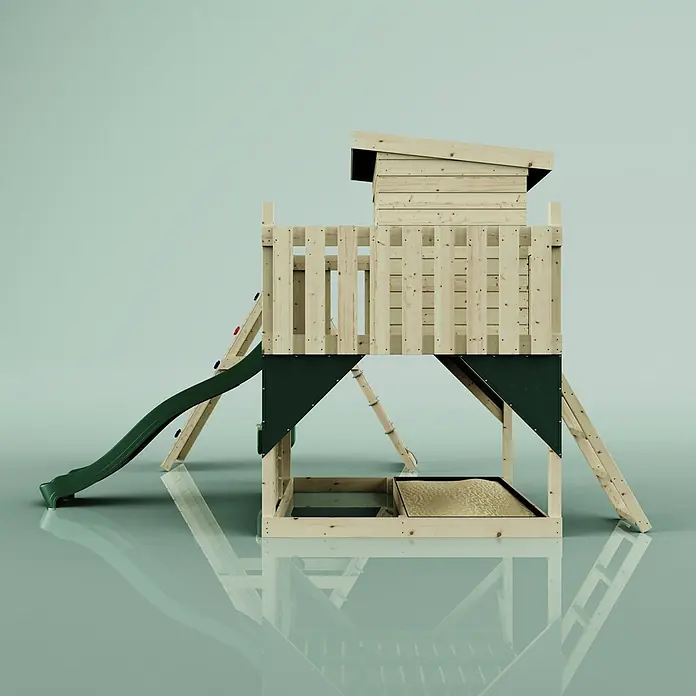 OutdoorToys Kinderspielturm Freja - L x B x H: 396 x 414 x 260 cm, Grün - Kinderspielturm aus Holz mit Haus, dunkelgrüner Rutsche, Kletterwand und Sandkasten. Mit Naturholz und grünen Details.