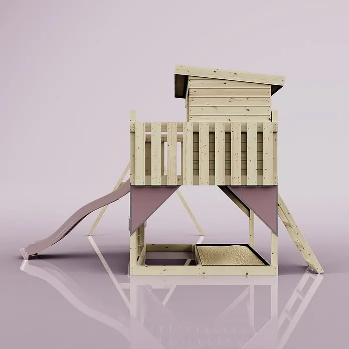 OutdoorToys Kinderspielturm Nils - L x B x H: 396 x 415 x 260 cm, Rosa - Hölzernes Spielhaus mit rotbrauner Rutsche und Sandkasten, auf hellrosa Hintergrund.