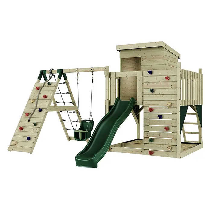 OutdoorToys Kinderspielturm Freja - L x B x H: 396 x 414 x 260 cm, Grün - Spielturm aus Holz mit dunkelgrüner Rutsche, Schaukel, Kletterwand und Seilnetz.