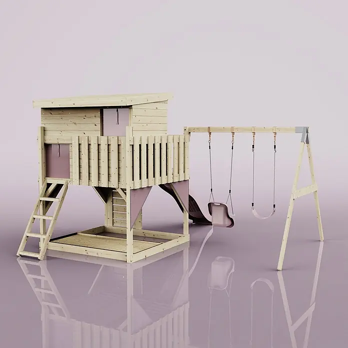 OutdoorToys Kinderspielturm Nils - L x B x H: 396 x 415 x 260 cm, Rosa - Hölzernes Spielhaus für draußen mit rosa Akzenten, integrierter Rutsche und Schaukelset mit zwei Schaukeln.
