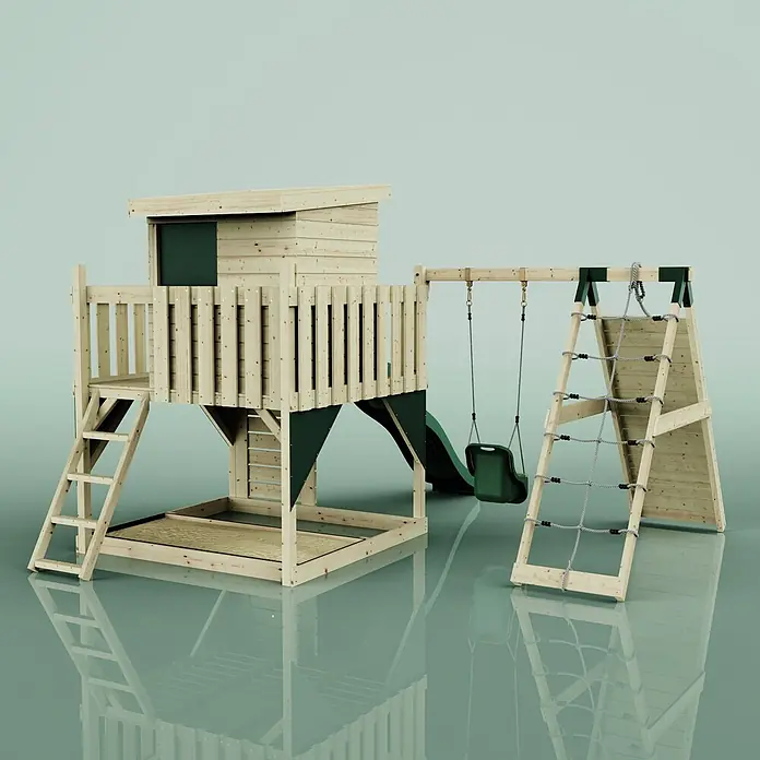 OutdoorToys Kinderspielturm Freja - L x B x H: 396 x 414 x 260 cm, Grün - Spielturm aus Naturholz mit Spielhaus, grüner Rutsche, Schaukel, Kletternetz und integriertem Sandkasten.