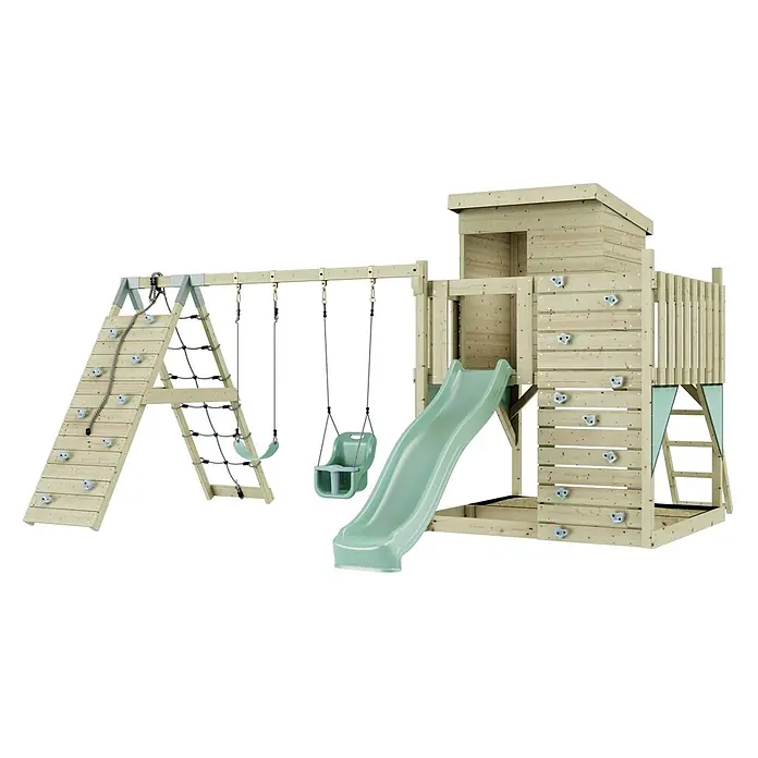 OutdoorToys Kinderspielturm Frida - L x B x H: 468 x 414 x 260 cm, Grün - Holzspielplatz-Set mit hellgrüner Rutsche, Schaukeln, Kletterwand und Strickleiter.