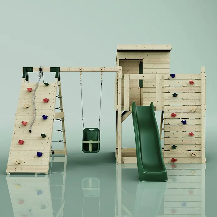 OutdoorToys Kinderspielturm Freja - L x B x H: 396 x 414 x 260 cm, Grün - Holzspielturm mit Kletterwand, bunten Griffen, dunkelgrüner Rutsche, Schaukel und Spielhaus.