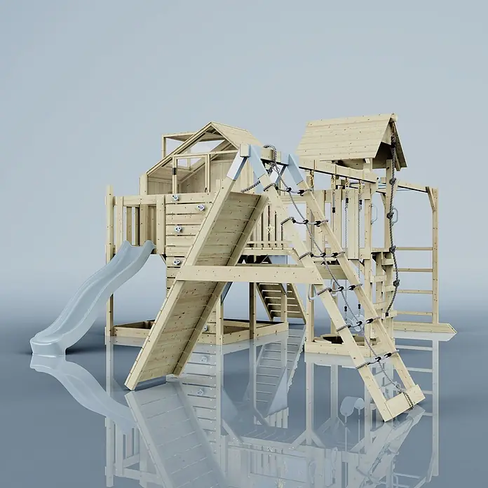 OutdoorToys Kinderspielturm Polarplay Milo - L x B x H: 562 x 503 x 291 cm, Blau - Hölzerner Kinderspielplatz mit Rutsche, Kletterwand und Seilleiter, für aktives Spielen im Freien.