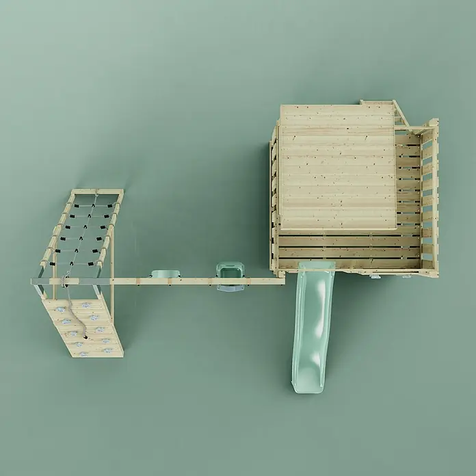 OutdoorToys Kinderspielturm Frida - L x B x H: 468 x 414 x 260 cm, Grün - Holzspielplatz mit Kletternetz, Kletterwand, zwei Schaukeln und einer hellgrünen Rutsche.