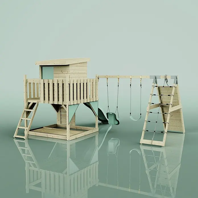 OutdoorToys Kinderspielturm Frida - L x B x H: 468 x 414 x 260 cm, Grün - Hölzernes Spielgerät mit Spielhaus, Rutsche, zwei Schaukeln und Klettergerüst mit Strickleiter.