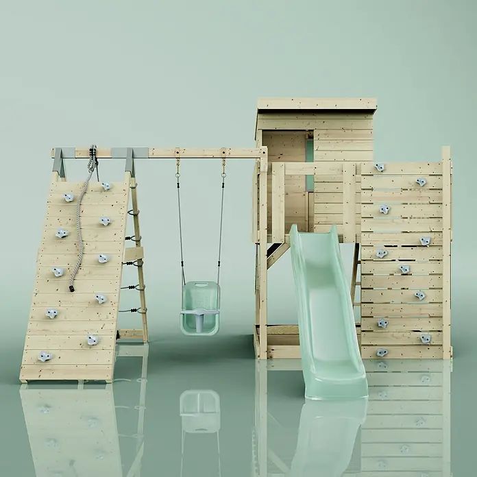 OutdoorToys Kinderspielturm Freja - L x B x H: 396 x 414 x 260 cm, Grün - Hölzernes Kinderspielset mit Kletterwand, Seil, hellgrüner Rutsche und Schaukel.