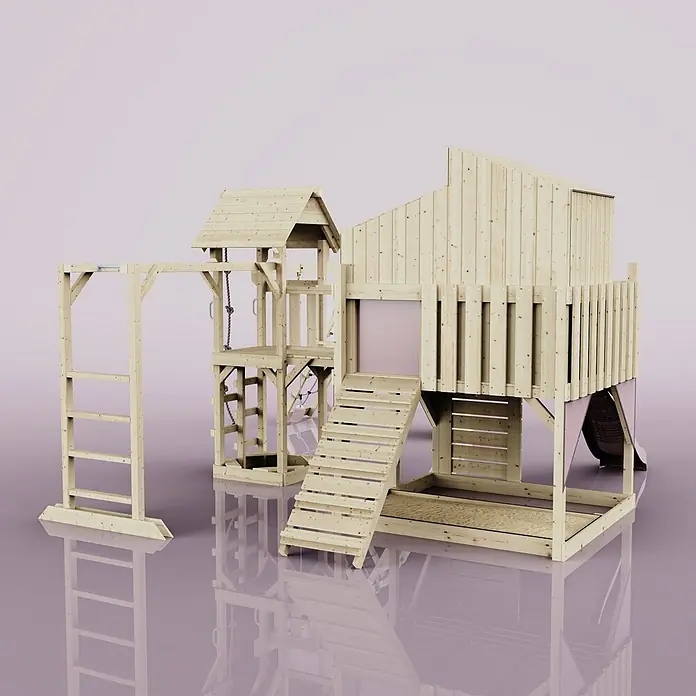 OutdoorToys Kinderspielturm Polarplay Gustav - L x B x H: 562 x 503 x 291 cm, Blau - Hölzerner Spielturm mit Rutsche, Sandkasten und Kletterelementen für Kinder.