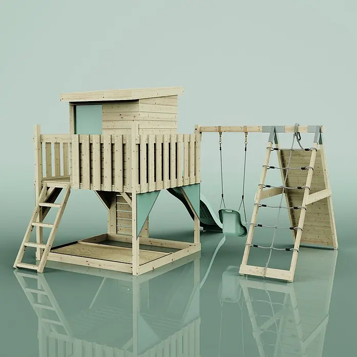 OutdoorToys Kinderspielturm Freja - L x B x H: 396 x 414 x 260 cm, Grün - Holzspielplatz mit Haus, Rutsche, Schaukel und Kletternetz, mit hellgrünen Akzenten und integriertem Sandkasten.