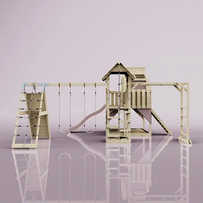 OutdoorToys Kinderspielturm Polarplay Gustav - L x B x H: 562 x 503 x 291 cm, Blau - Helles Holz-Spielplatzset mit Schaukeln, Rutsche, Kletterseil, Kletternetz und Spielturm.