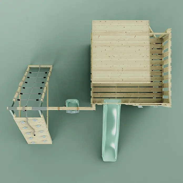 OutdoorToys Kinderspielturm Freja - L x B x H: 396 x 414 x 260 cm, Grün - Hölzerner Spielturm mit Plattform, transparenter grüner Rutsche, Seilnetz, Kletterwand und kleinem grünen Sitz.