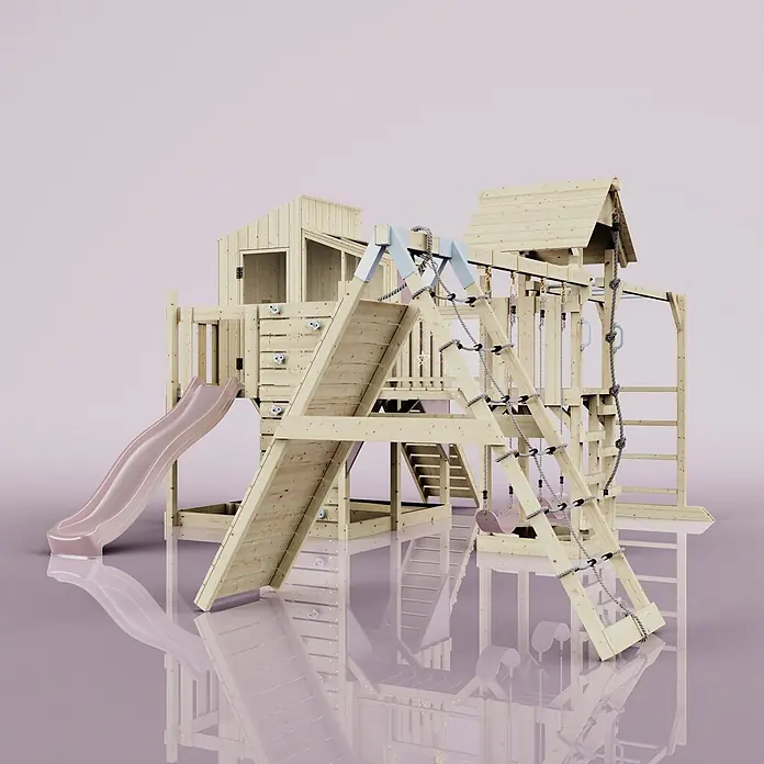 OutdoorToys Kinderspielturm Polarplay Gustav - L x B x H: 562 x 503 x 291 cm, Blau - Hölzernes Kinderspielhaus mit hellrosa Rutsche, Kletterwand, Strickleiter, Schaukeln und Spielturm.