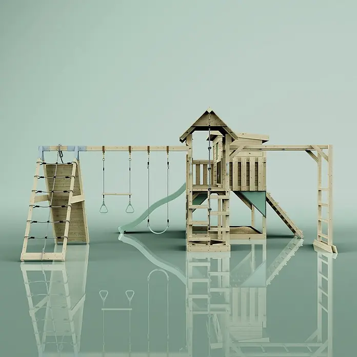 OutdoorToys Kinderspielturm Malin Trapezschaukel; - Holz, Grün - Holzspielplatz mit Kletternetz, Schaukeln, Rutsche und Spielturm.