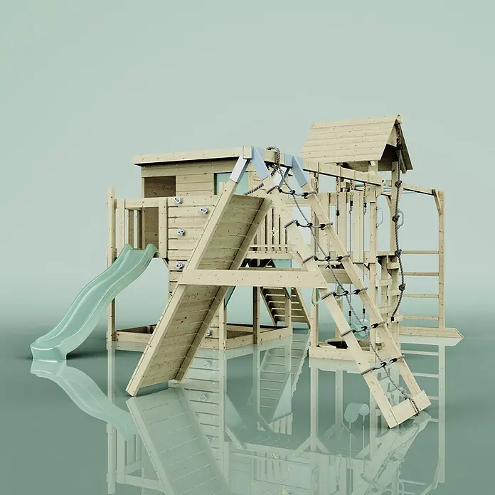 OutdoorToys Kinderspielturm Malin Trapezschaukel; - Holz, Grün - Hölzernes Outdoor-Spielset mit grüner Rutsche, Kletterwand und Seilelementen für Kinder.