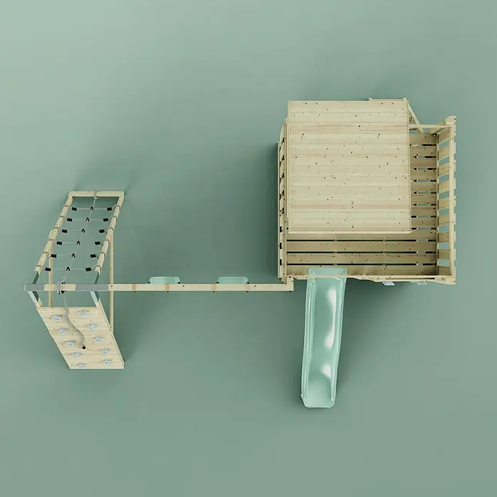 OutdoorToys Kinderspielturm Frida - L x B x H: 468 x 414 x 260 cm, Grün - Holzspielplatz mit Kletternetz, Kletterwand, Balancierbalken und hellgrüner Rutsche für aktives Spiel.