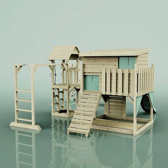OutdoorToys Kinderspielturm Malin Trapezschaukel; - Holz, Grün - Hölzerner Outdoor-Spielplatz mit Spielhaus, Rutsche, Klettergerüst, Reckstange und integriertem Sandkasten.