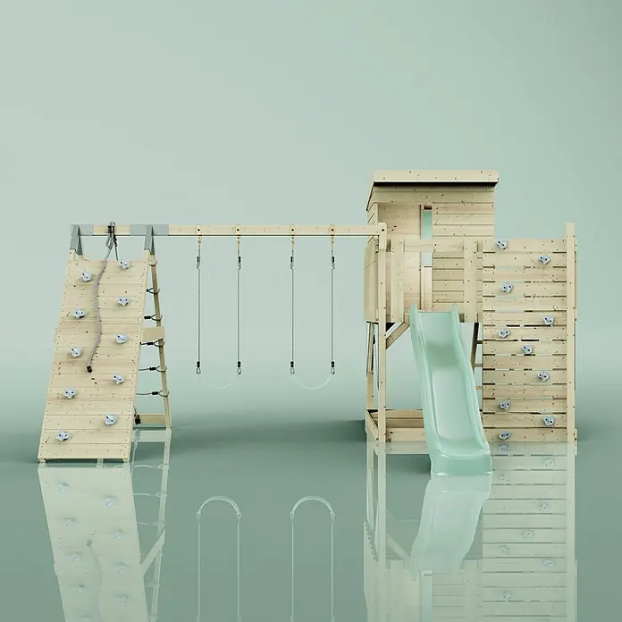 OutdoorToys Kinderspielturm Frida - L x B x H: 468 x 414 x 260 cm, Grün - Spielplatz aus Naturholz mit grüner Rutsche, Kletterwänden und vier Schaukeln.
