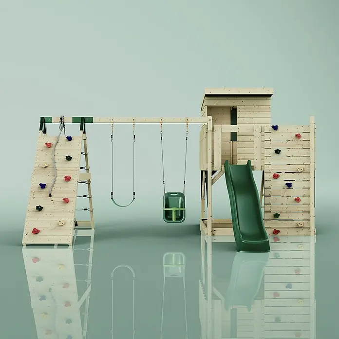 OutdoorToys Kinderspielturm Frida - L x B x H: 468 x 414 x 260 cm, Grün - Hölzerner Spielplatz mit dunkelgrüner Rutsche, zwei Schaukeln und Kletterwänden mit farbigen Griffen.