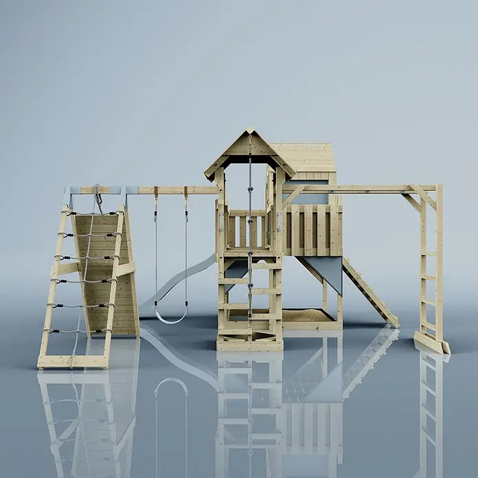 OutdoorToys Kinderspielturm Polarplay Bo - L x B x H: 490 x 503 x 291 cm, Blau - Spielturm aus Holz für Kinder mit Kletternetz, Schaukeln, Rutsche, Kletterseil und Sandkastenbereich.