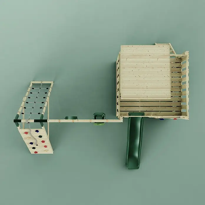 OutdoorToys Kinderspielturm Frida - L x B x H: 468 x 414 x 260 cm, Grün - Holzspielplatz mit Kletternetz, Kletterwand, Hangelleiter und grüner Rutsche.