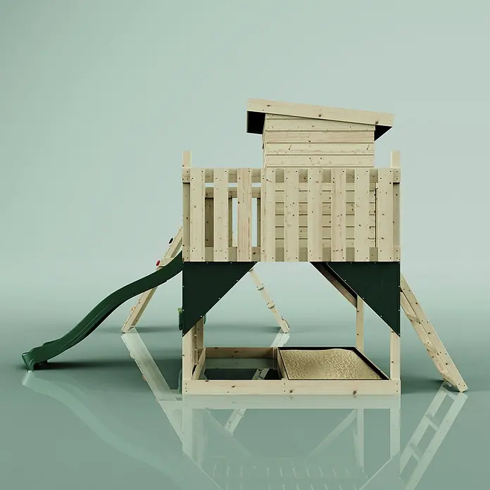 OutdoorToys Kinderspielturm Frida - L x B x H: 468 x 414 x 260 cm, Grün - Hölzernes Kinderspielhaus mit grüner Rutsche und integriertem Sandkasten.
