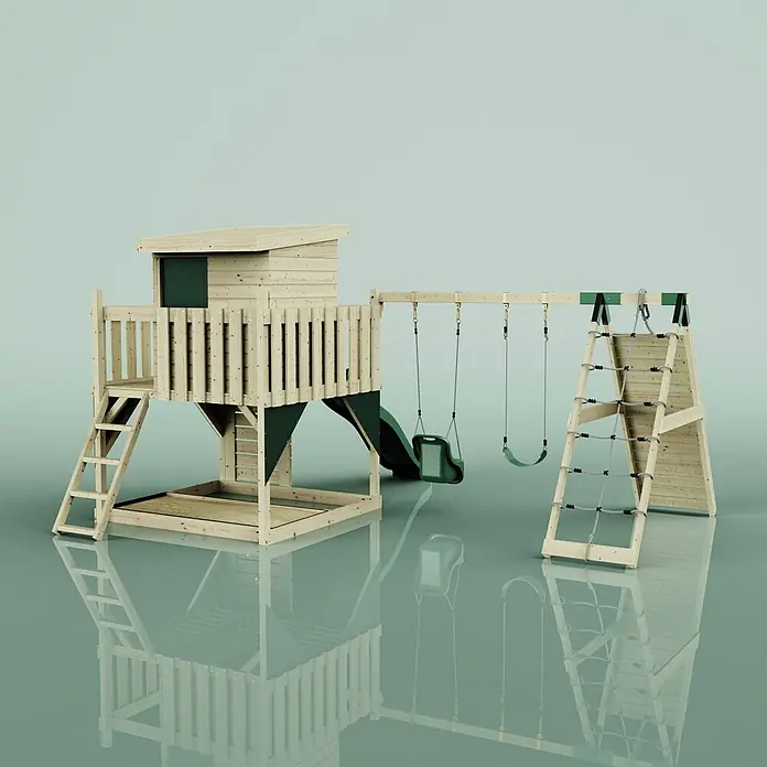 OutdoorToys Kinderspielturm Frida - L x B x H: 468 x 414 x 260 cm, Grün - Spielplatz aus Holz mit Spielhaus, Rutsche, zwei Schaukeln und Kletternetz. Naturholz mit dunkelgrünen Details.