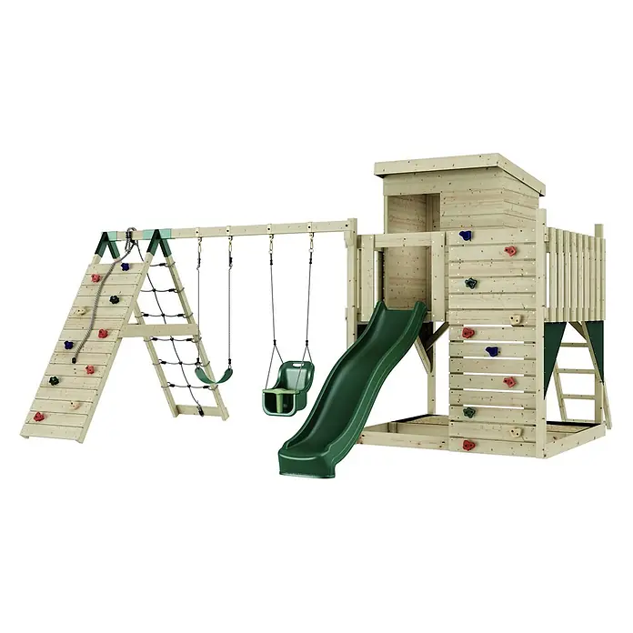 OutdoorToys Kinderspielturm Frida - L x B x H: 468 x 414 x 260 cm, Grün - Hölzernes Spielset mit dunkelgrüner Rutsche, zwei Schaukeln, Kletterwand mit bunten Griffen und Kletternetz.