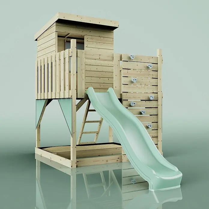 OutdoorToys Kinderspielturm Stelzenhaus Polarlicht - L x B x H: 190 x 415 x 261 cm, Grün - Hölzernes Kinderspielhaus mit hellgrüner Rutsche und Kletterwand.