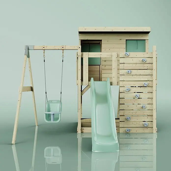 OutdoorToys Kinderspielturm Tjorven - L x B x H: 306 x 415 x 260 cm, Grün - Hölzernes Kinderspielhaus mit hellgrüner Plastikrutsche, Schaukel und Kletterwand.
