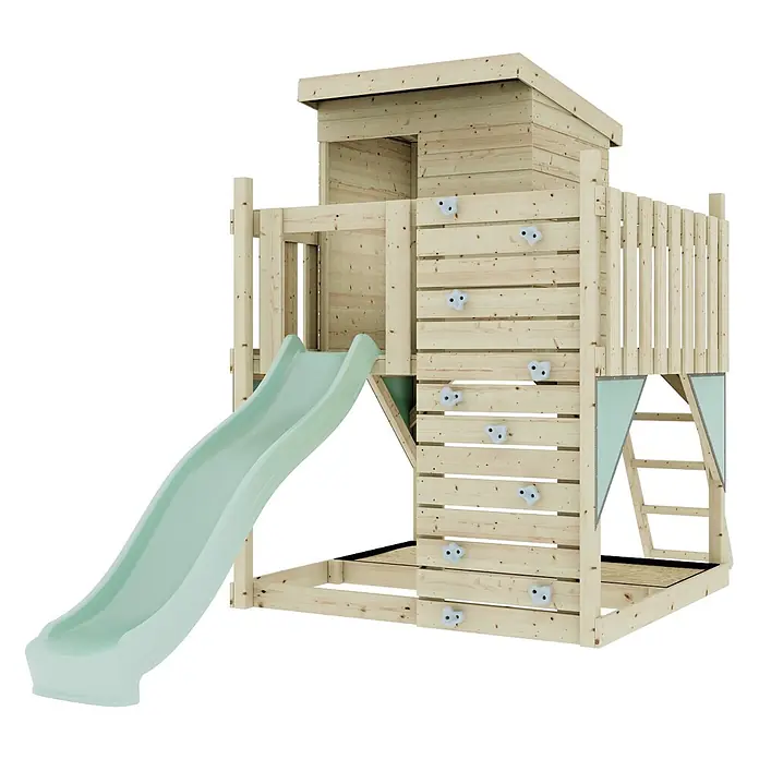 OutdoorToys Kinderspielturm Stelzenhaus Polarlicht - L x B x H: 190 x 415 x 261 cm, Grün - Holzspielhaus mit hellgrüner Rutsche, Kletterwand mit weißen Griffen und Leiter.