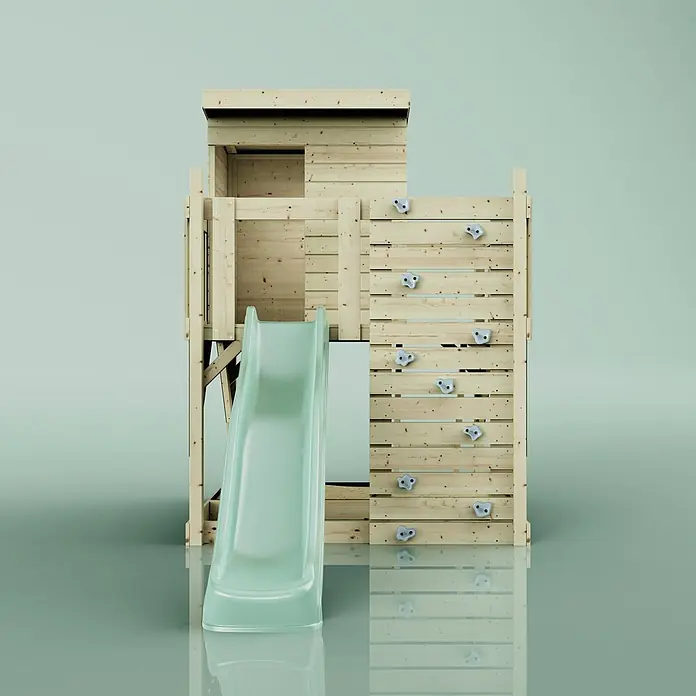 OutdoorToys Kinderspielturm Stelzenhaus Polarlicht - L x B x H: 190 x 415 x 261 cm, Grün - Hölzerner Spielturm mit grüner Rutsche und Kletterwand mit weißen Griffen.