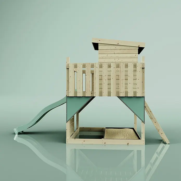 OutdoorToys Kinderspielturm Stelzenhaus Polarlicht - L x B x H: 190 x 415 x 261 cm, Grün - Hölzernes Outdoor-Spielhaus mit hellgrüner Rutsche und integriertem Sandkasten.