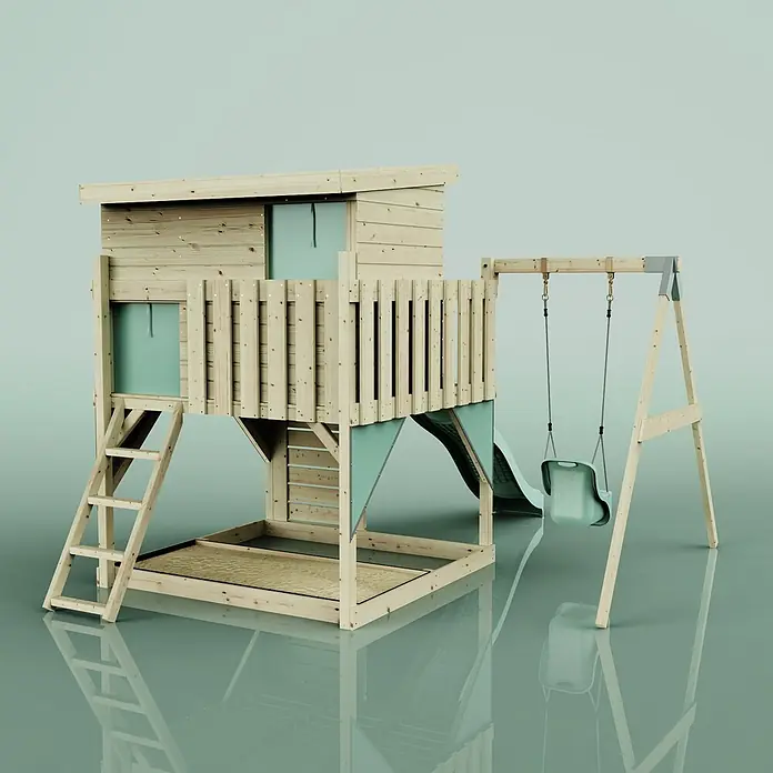 OutdoorToys Kinderspielturm Tjorven - L x B x H: 306 x 415 x 260 cm, Grün - Holzspielhaus mit integrierter Rutsche, Sandkasten und Schaukel. Naturholz und hellgrüne Akzente.