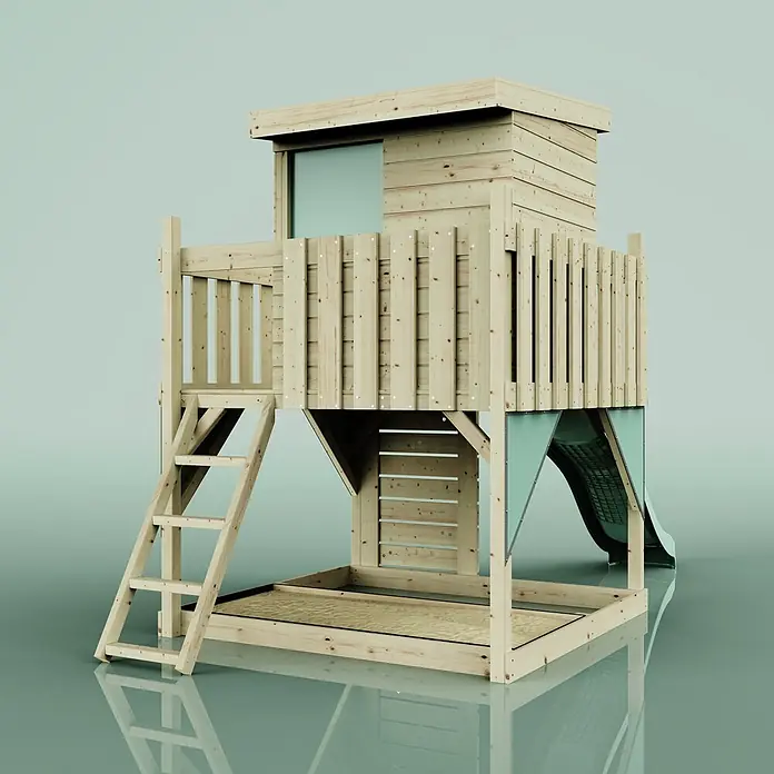 OutdoorToys Kinderspielturm Stelzenhaus Polarlicht - L x B x H: 190 x 415 x 261 cm, Grün - Hölzernes Spielhaus mit mehreren Ebenen, Leiter, Geländer und hellgrüner Rutsche, mit überdachtem Sandkastenbereich.