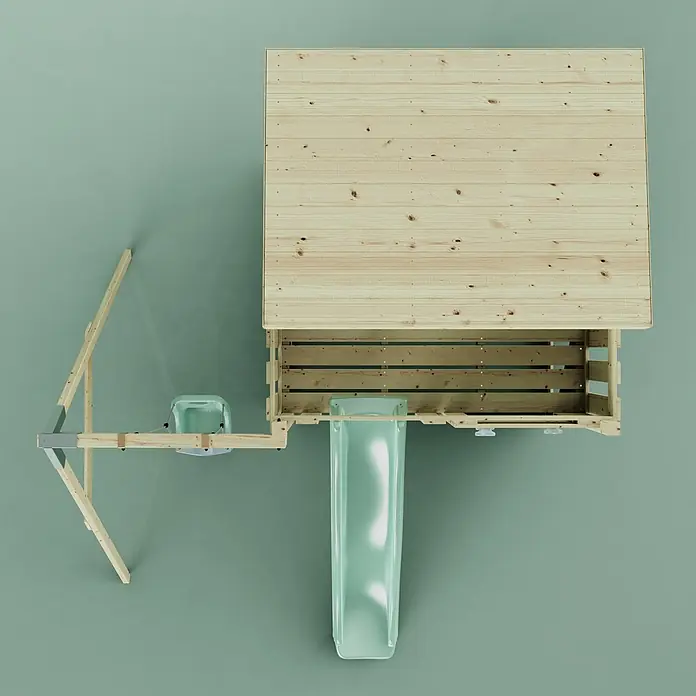 OutdoorToys Kinderspielturm Tjorven - L x B x H: 306 x 415 x 260 cm, Grün - Hölzernes Kinderspielhaus von oben mit transparenter grüner Rutsche und Schaukel.