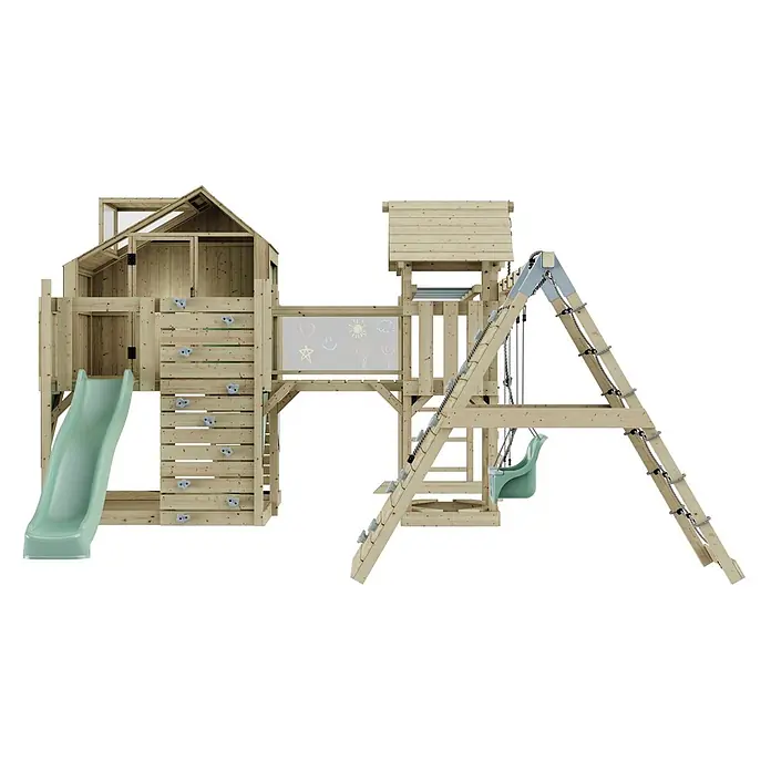 OutdoorToys Kinderspielturm Polarplay Milo - L x B x H: 562 x 503 x 291 cm, Grün - Hölzerner Outdoor-Spielplatz mit grüner Rutsche, Kletterwand, Schaukel, Spielhaus und Kreidetafel für vielfältige Kinderaktivitäten.